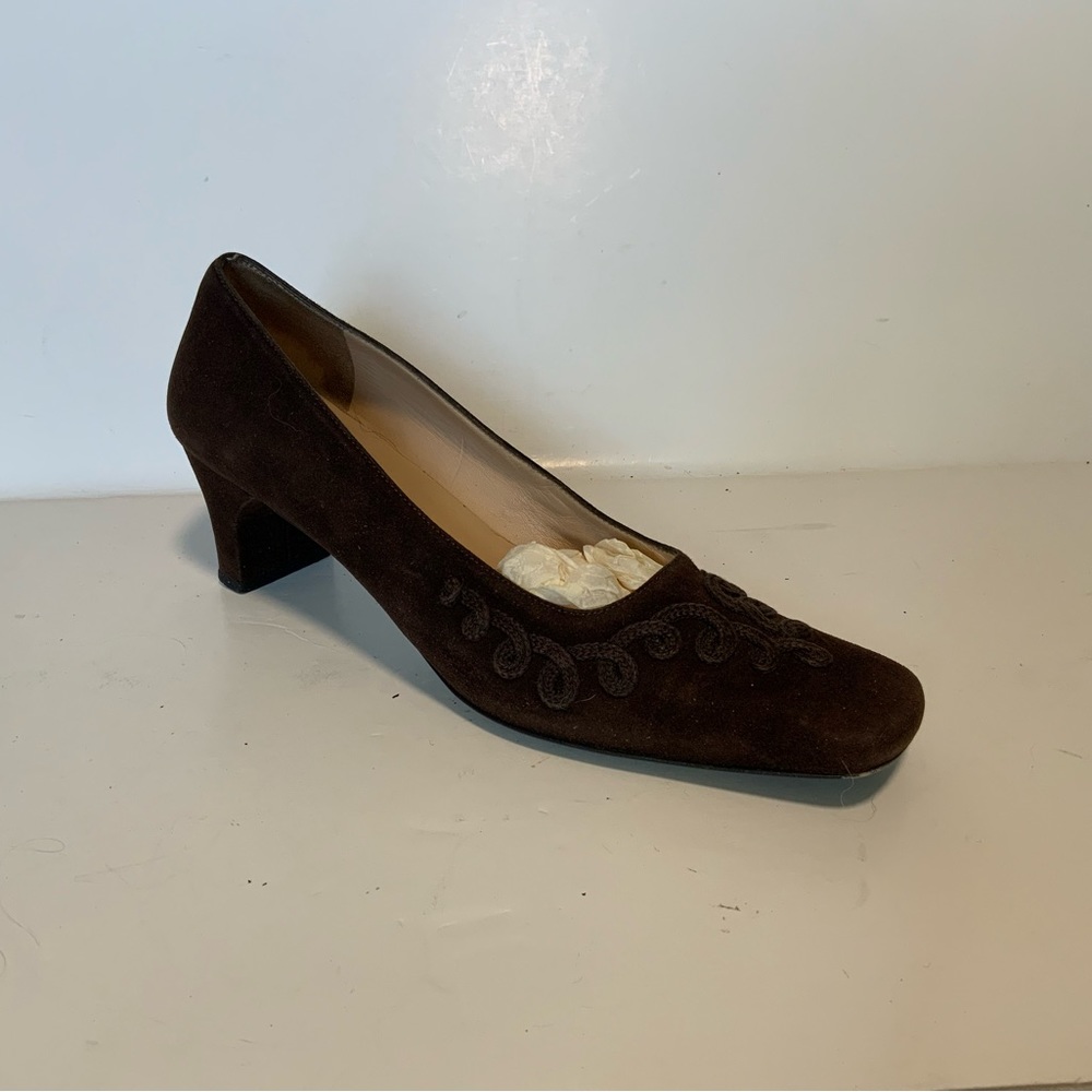 Salvatore Ferragamo Chocolate Brown Suede Low Pumps Brocade Design